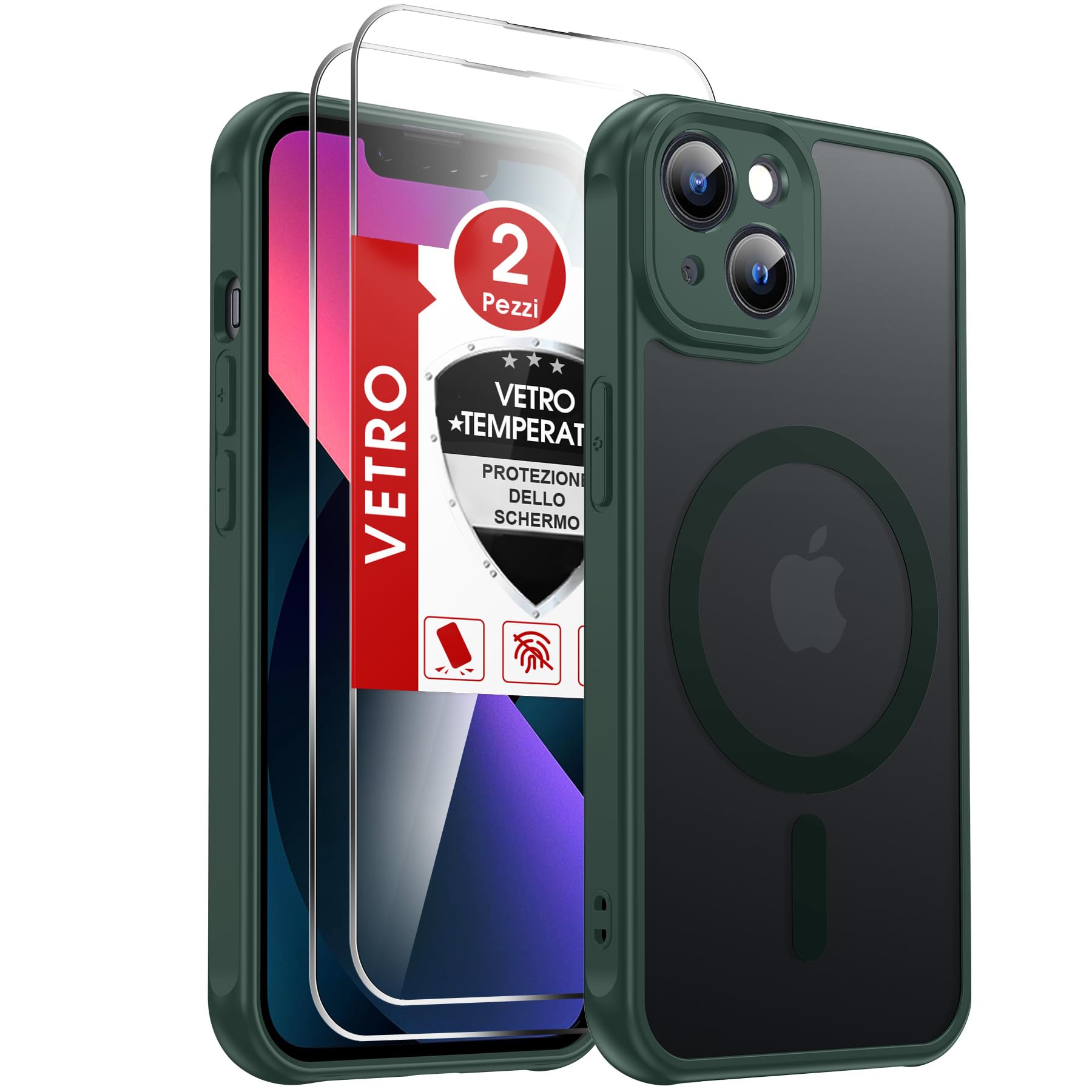 LeYi Cover Magnetica per iPhone 13 con 2 Pezzi Vetro Temperato, Custodia per iPhone 13 Traslucida Opaca Anti-Impronte Resistente ai Graffi Paraurti in TPU Antiurto Protettiva Case, Verde