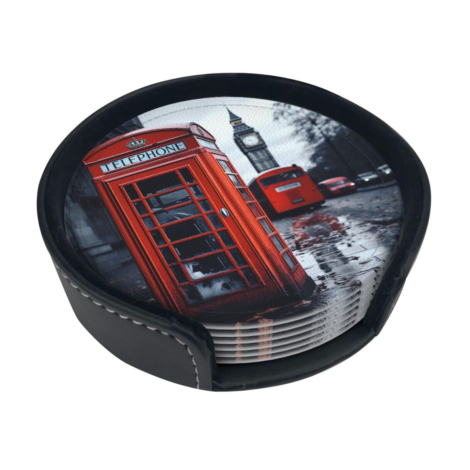 BTCOWZRV England UK Retro London Telephone Print Leather Coasters Set of 6 Heat Resistant Coasters for Drinks Round Cup Mat Pad Bar Coasters with Storage Case for Kitchen Home Decor Housewarming Gift