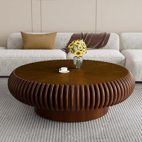 Round Fluted Wood Drum Table