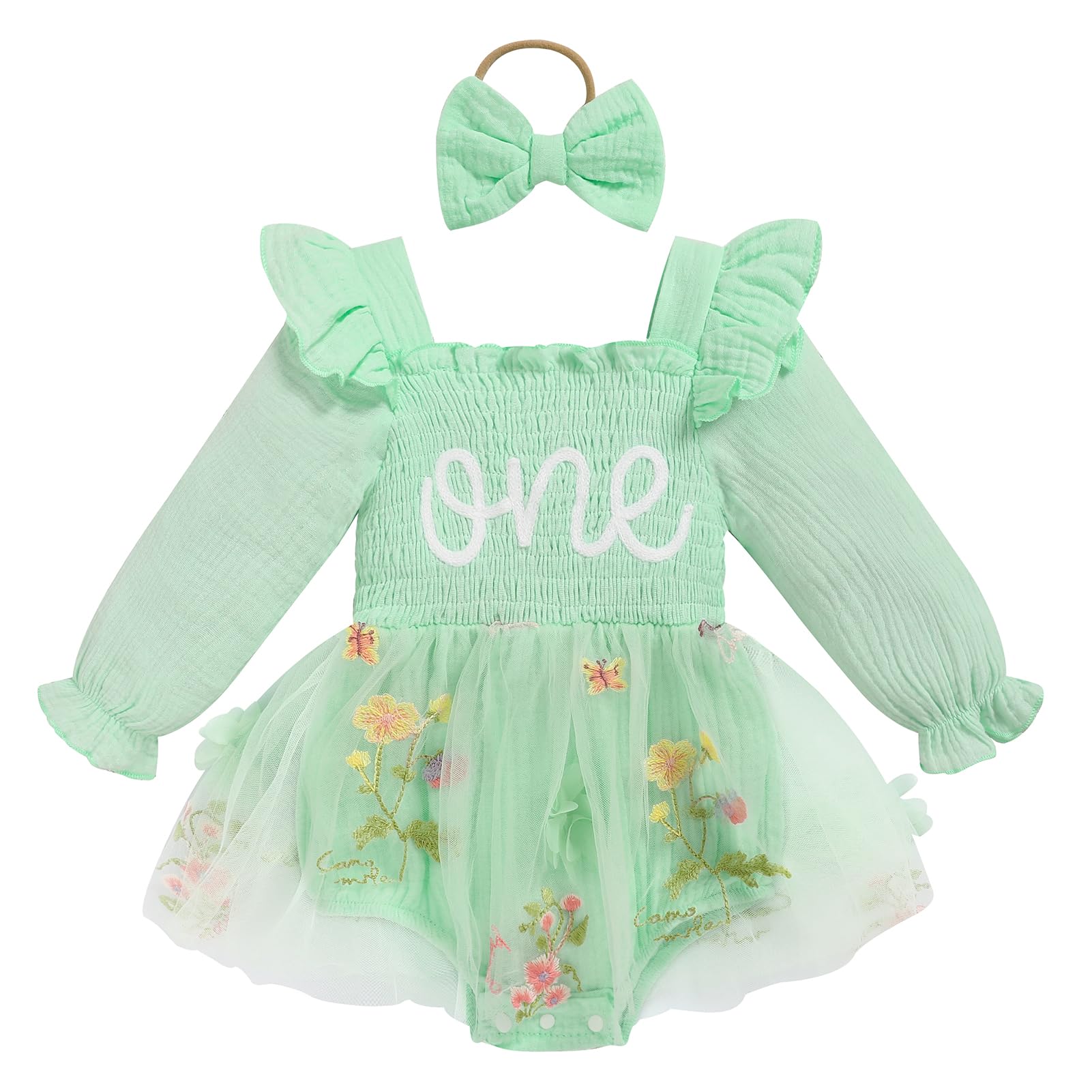 - Baby Girl 1st Birthday Clothes One Year Old Tulle Romper Long Sleeve Bodysuit Cake Smash Outfits