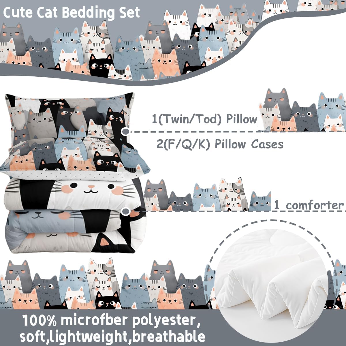 jejeloiu Cute Cat Print Comforter Set Full Size Cartoon Cats Bedding Set for Kids Boys Girls Kawai Animals Duvet Quilt Bedroom Decor Microfiber 3 Pcs with 2 Pillow Cases