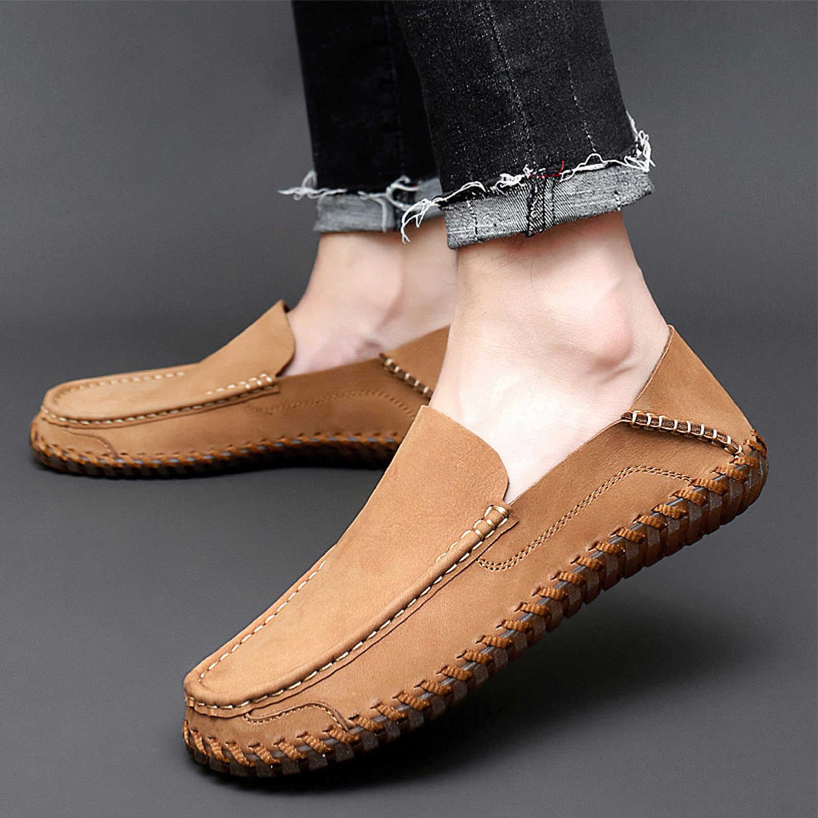 rismart Hombre Mocasines Zapatos de conducción Casual Piel Deslizar Zapatilla Planos