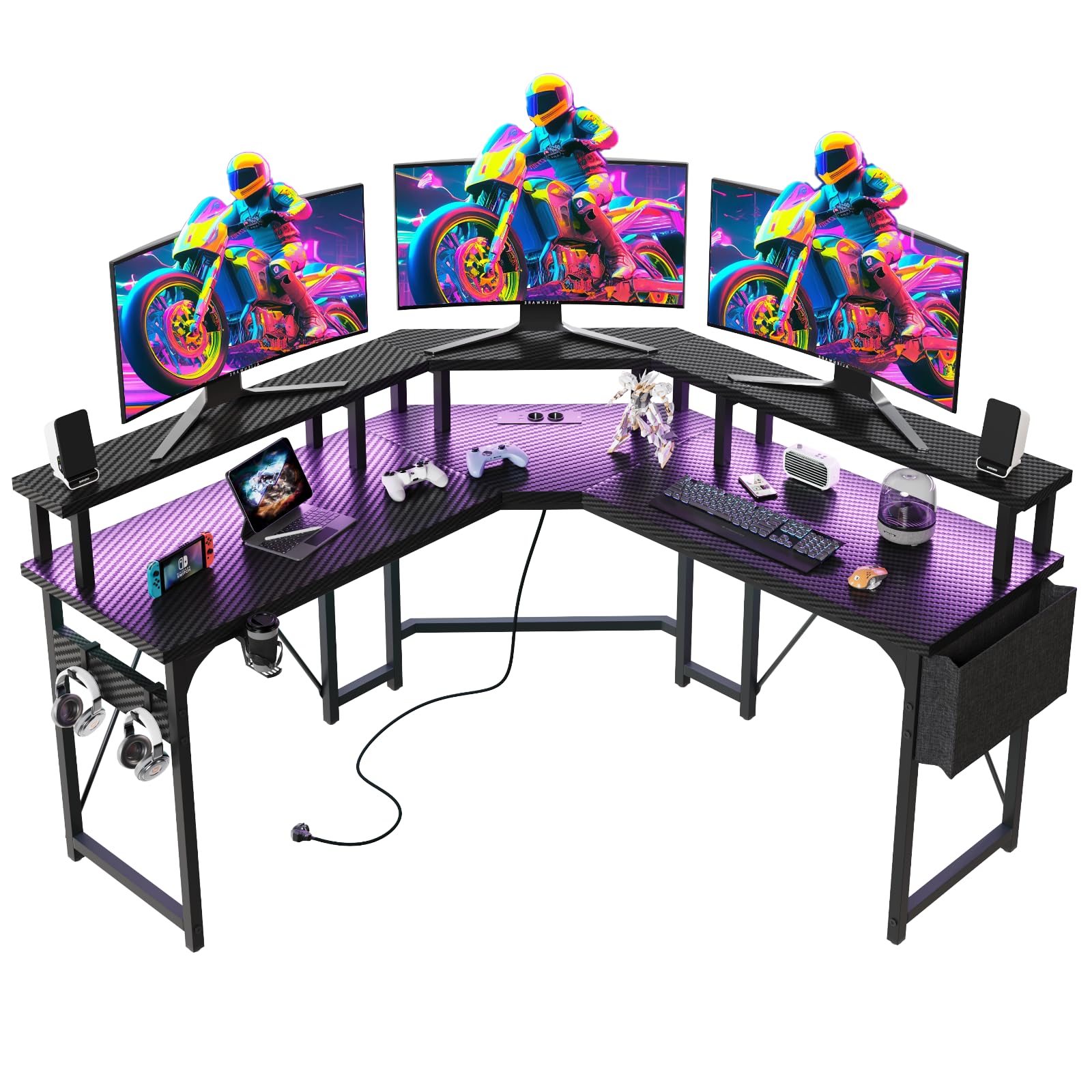 TRIUMPHKEY 153x153cm Escritorio de Gaming con RGB, Grande Mesa Gaming en L con 2 Enchufes y 2 Puertos USB, Escritorio Esquinera con Gran para Monitor y Bolsa de Almacenaje, Fibra de Carbono Negro
