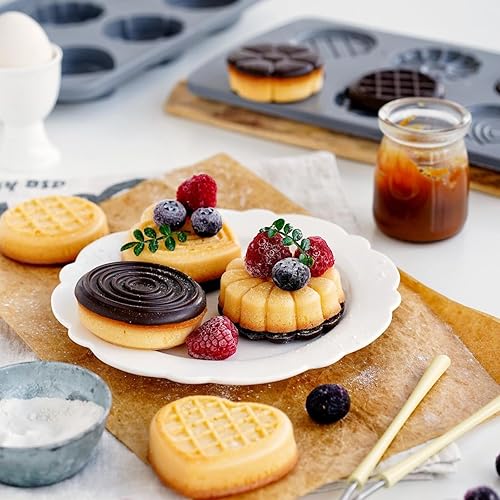 Miniatura 2 de Paquete de 2 moldes de silicona para magdalenas, moldes redondos y con forma de corazón para hornear, 6 cavitas, flores, macarrones, waffle, molde