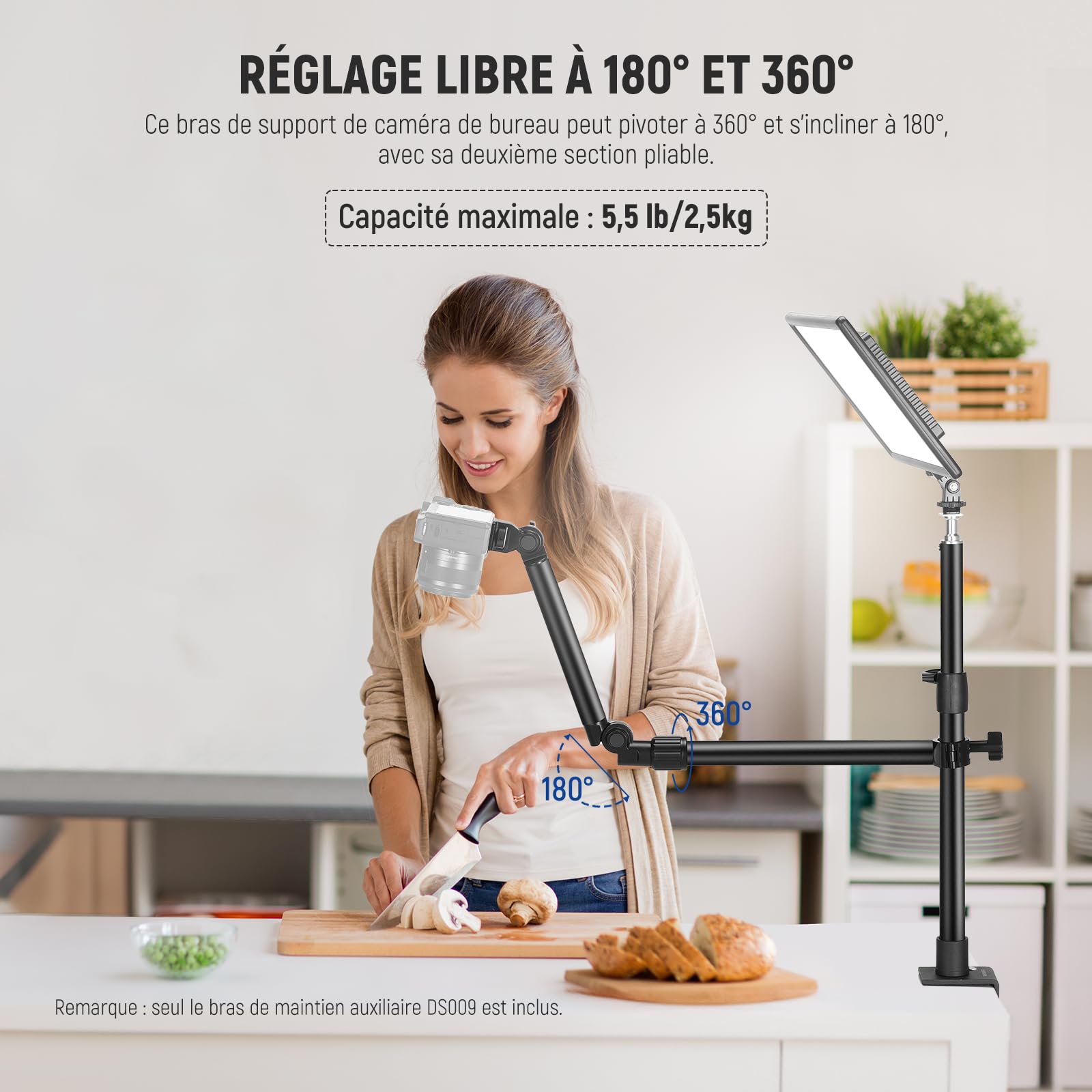 NEEWER Bras de Support de Caméra Aérien 56 cm 180° 360° Flexible 2 Sections pour Bureau Tube 2,2-2,8 cm Charge 2,5 kg