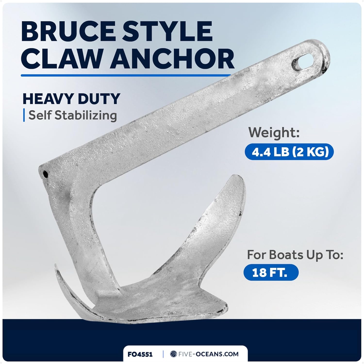 Five Oceans Bruce Style Claw Anchor, Boat Anchor, Multiple Sizes, for Pontoon, Kayaks, Paddle Boards, Fishing Boats, Bass Boats, Sport Boats, Sportyachts, Sailboats