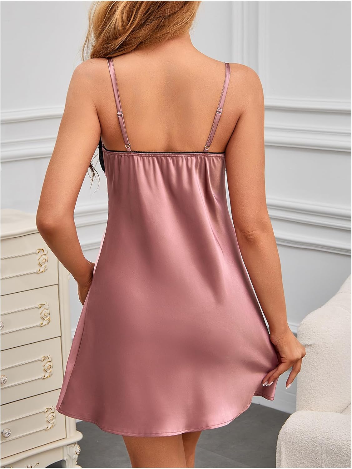 Women's Plus Size Floral Lace Sheer Satin Nightgown Spaghetti Strap Night Dress Chemise - Image 2