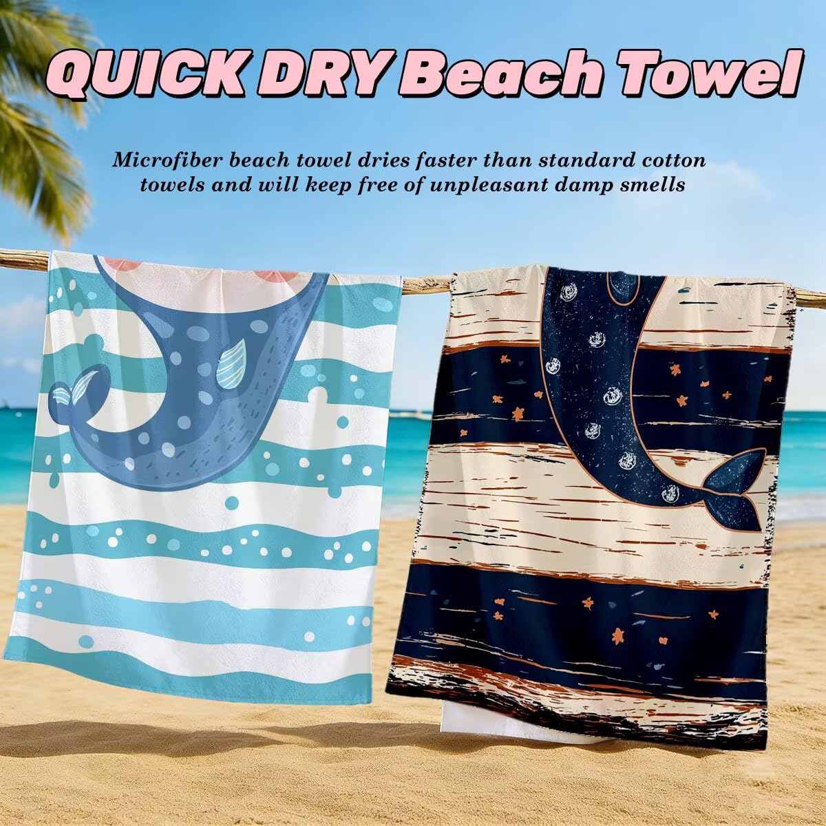 Toalla Playa 80x160 cm, Toalla Gimnasio Microfibra Secado Rapido, Juego de 2 Antiarena Toallas de Playa, Ligera Compacta Toallas Microfibra Grande para Viaje, Regalo Hombre Regalo Mujer (Lindo) -4915