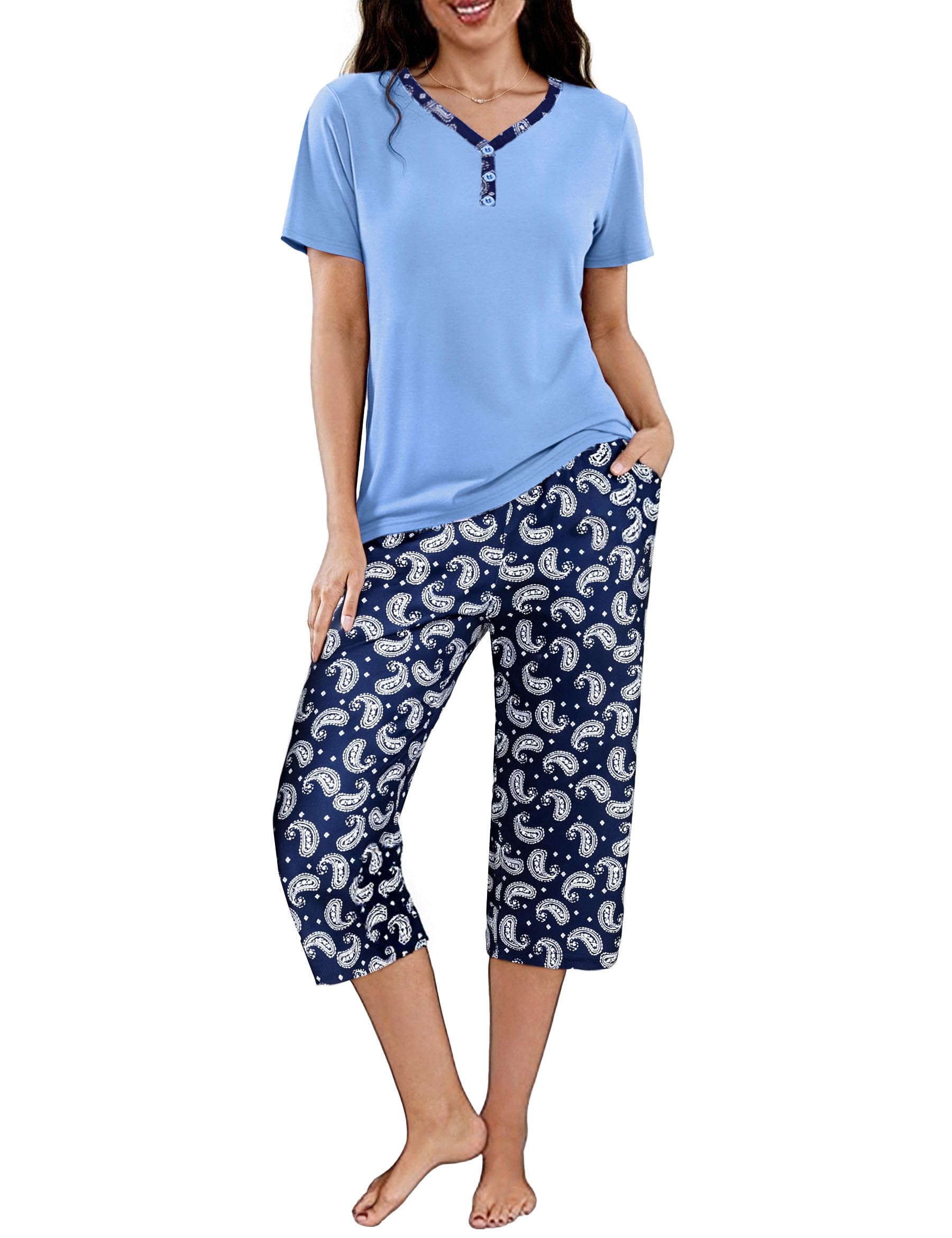 Uniexcosm Schlafanzug Damen Kurz Baumwolle Pyjama Set Zweiteiliger Kurzarm Nachtwäsche Wimperndruck Oberteil und 3/4 Hose Sleepwear