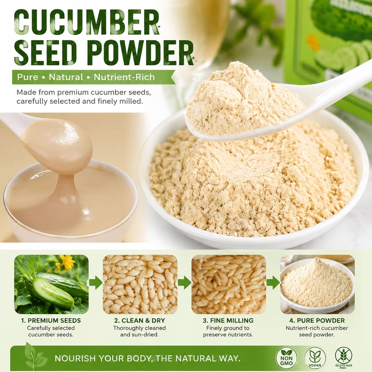 Polvere Di Semi Cetriolo Pura 200g - 10 Bustine Monodose X 20g Macinatura Fine Senza Zuccheri Aggiunti Bevanda(3pcs)