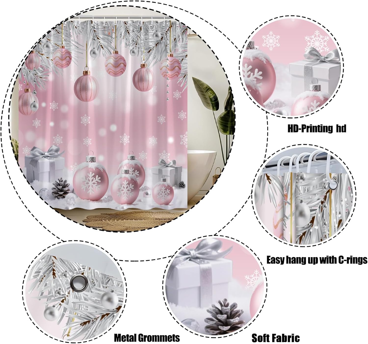 Christmas Extra Long Shower Curtain,Blue Ball Silver Twigs Snowflake Decor for Bathroom,Winter Holiday Fabric Curtain with Hooks,70x78 Inch