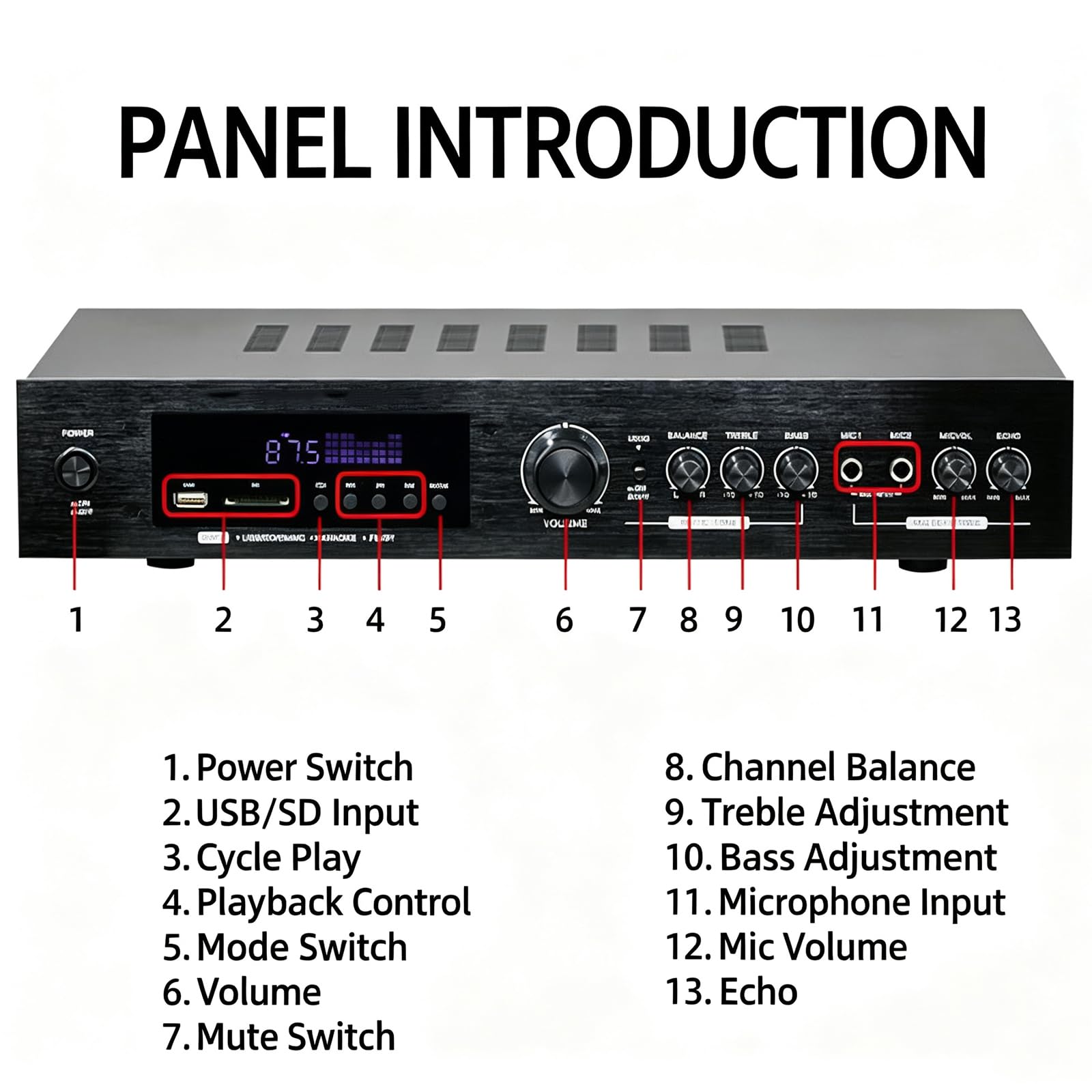 Amplificador Bluetooth Karaoke Mini Amp Inalámbrico, Amplificador Receptor Estéreo De 5 Canales Y Amplificadores Con Lcd, Entrada De Fibra Óptica Y Coaxial, Conector, Entrada De Micrófono Usb
