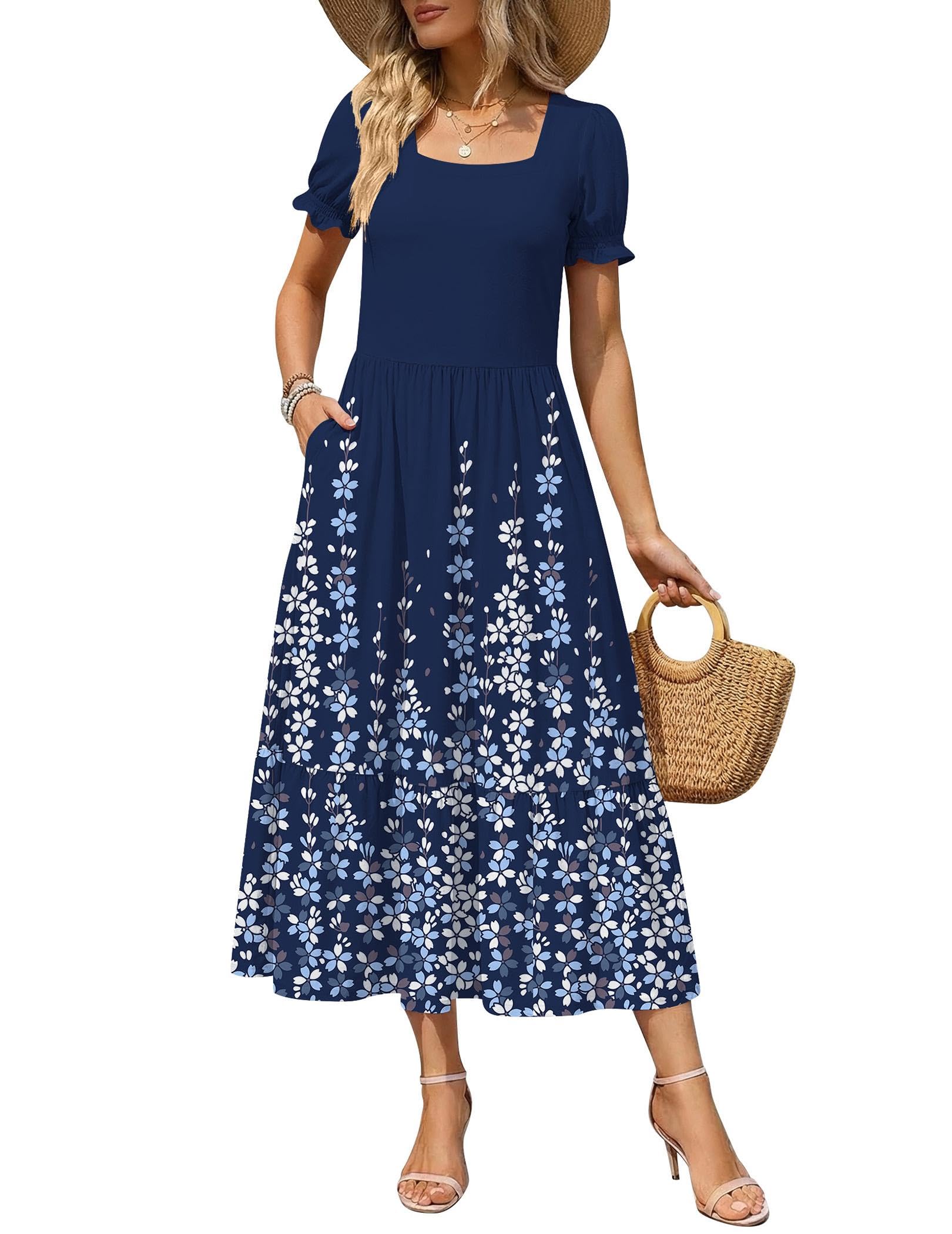 Zeagoo Summer Dresses for Women Flowy Casual Midi Dress Short Sleeve Tiered Dress Beach Vacation Sundresses with Pockets