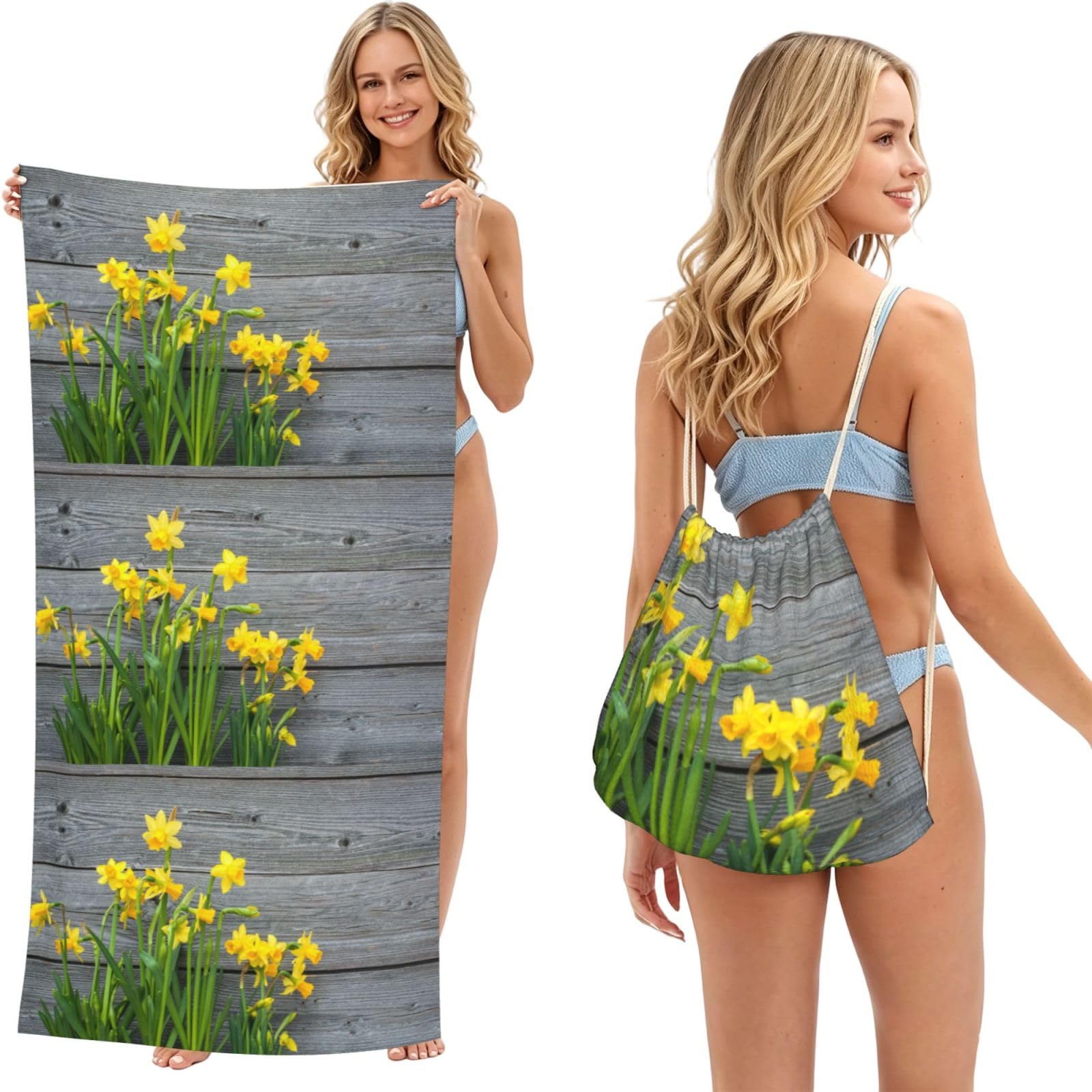 Poadnly As Picture Bouquet Of Daffodils Printing, 2 In 1 Packable Towel Bag, Beach Towels With Drawstring Backpack For Travel Holiday Camping