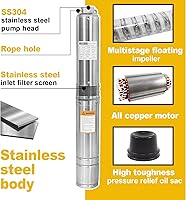 Vista 3 de WASSERMANN Bomba sumergible de pozo profundo de 4 pulgadas con cable de 10 pies, 1HP, 115 V/60 Hz, 34 GPM, cabezal de 196 pies, bomba de pozo