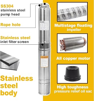 WASSERMANN - 4 Deep Submersible Pump with 10ft Cord, 1HP 115V/60Hz, 34GPM, 60m Head, Stainless Steel Single Phase Water Well Pump for Cities, Irrigation