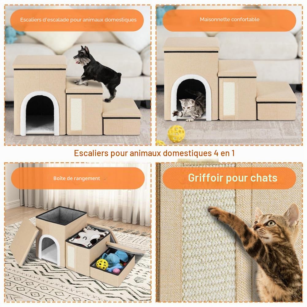 BAKAJI Escaliers pour Chiens et Chats 3 en 1 Pliable en Polyester Beige, échelle pour Animaux domestiques, Multifonction, échelle de Compartiment de Rangement et de Niche, marches ergonomiques, Fond