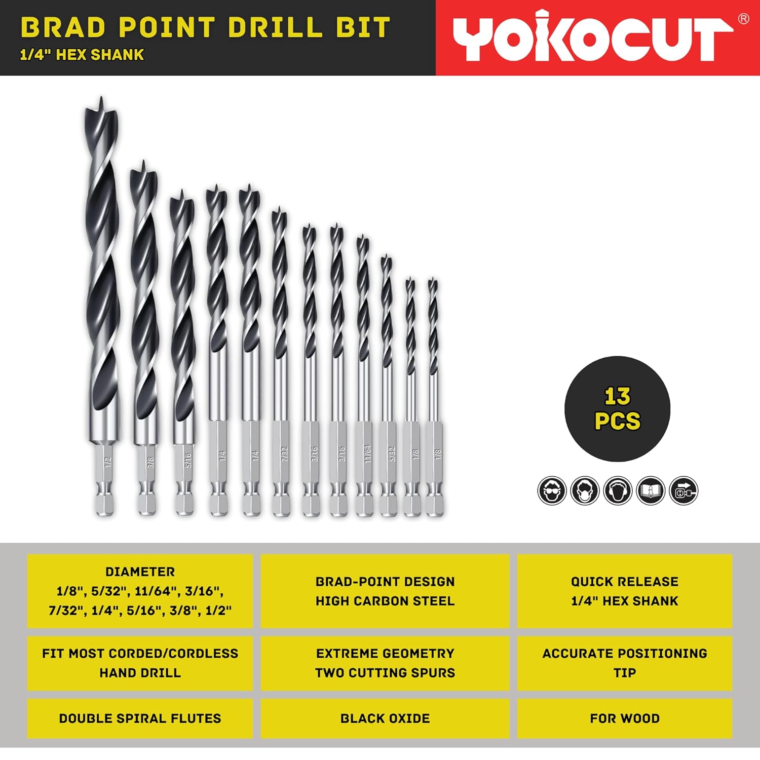 Brad Point Drill Bits Set, 13pcs for Woodworking, 1/4" Hex Shank 1/8" to 1/2" Wood Drill Bits for Hardwood, Plywood, PVC, Drywall, Lumber