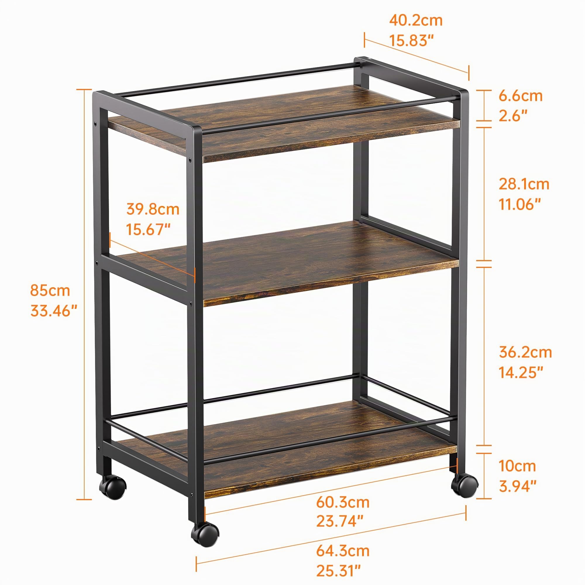 HITNET Carrello da bar, Carrello Mobile per Bevande a 3 Livelli, carrello da cucina con ruote e ripiani portaoggetti per soggiorno, cucina, feste, Marrone rustico e nero