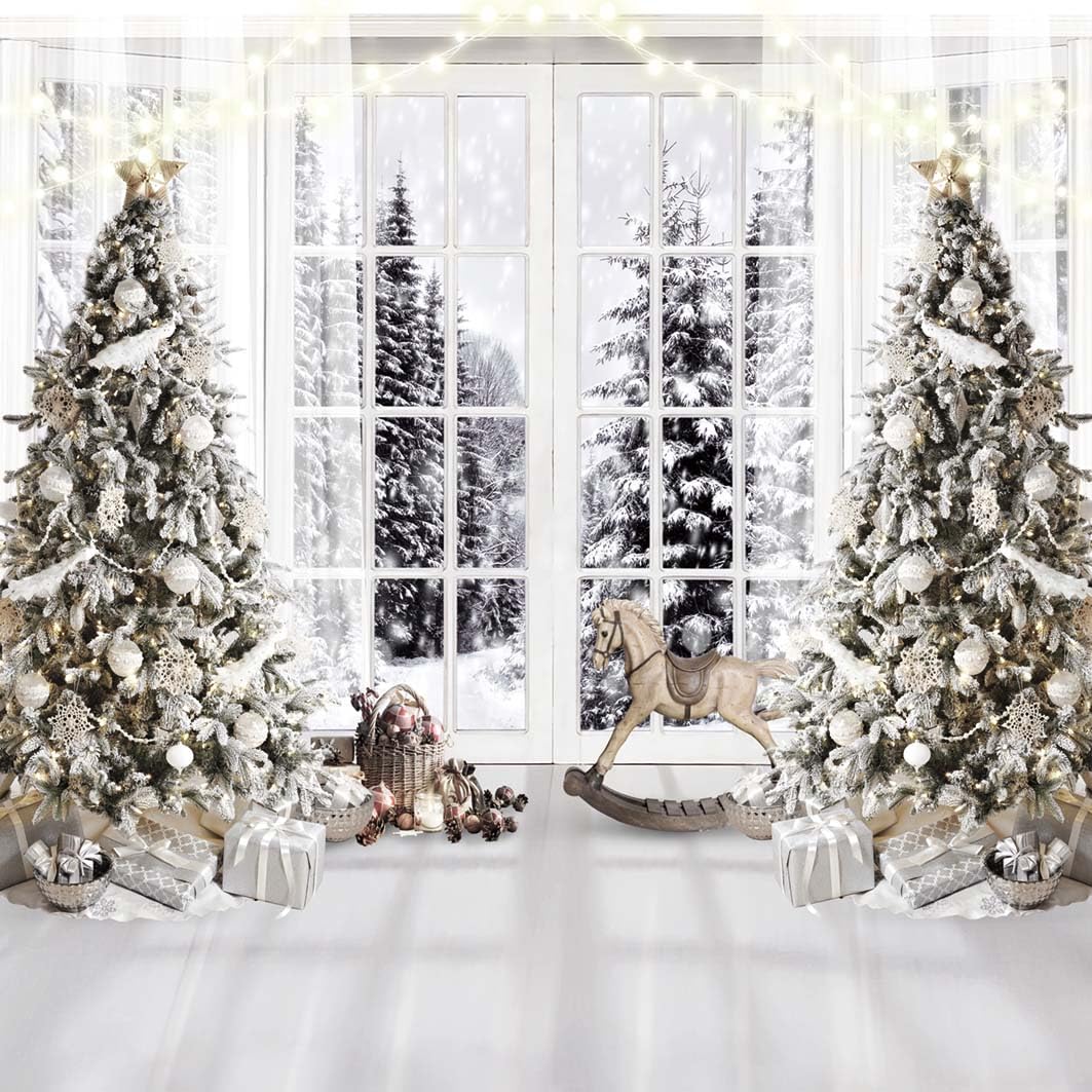 DHXXSC Weihnachts-Fotohintergrund 3x3 M – Motiv Mit Schnee, Mond, Baum & Kamin