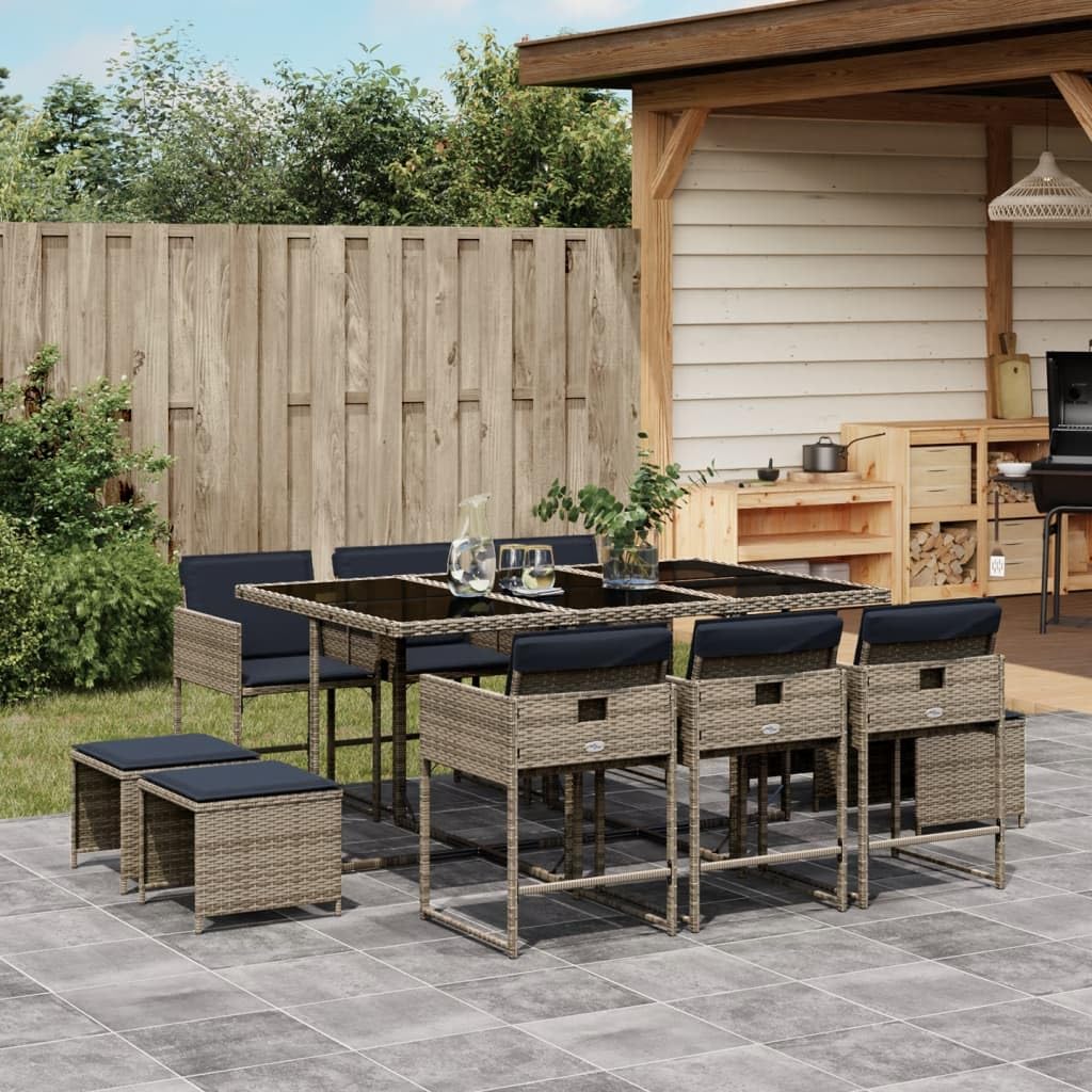 10-Piece Grey Poly Rattan Patio Dining Set, Large Foldable Outdoor Table and Chairs, Weather Resistant Garden Furniture for 10 People