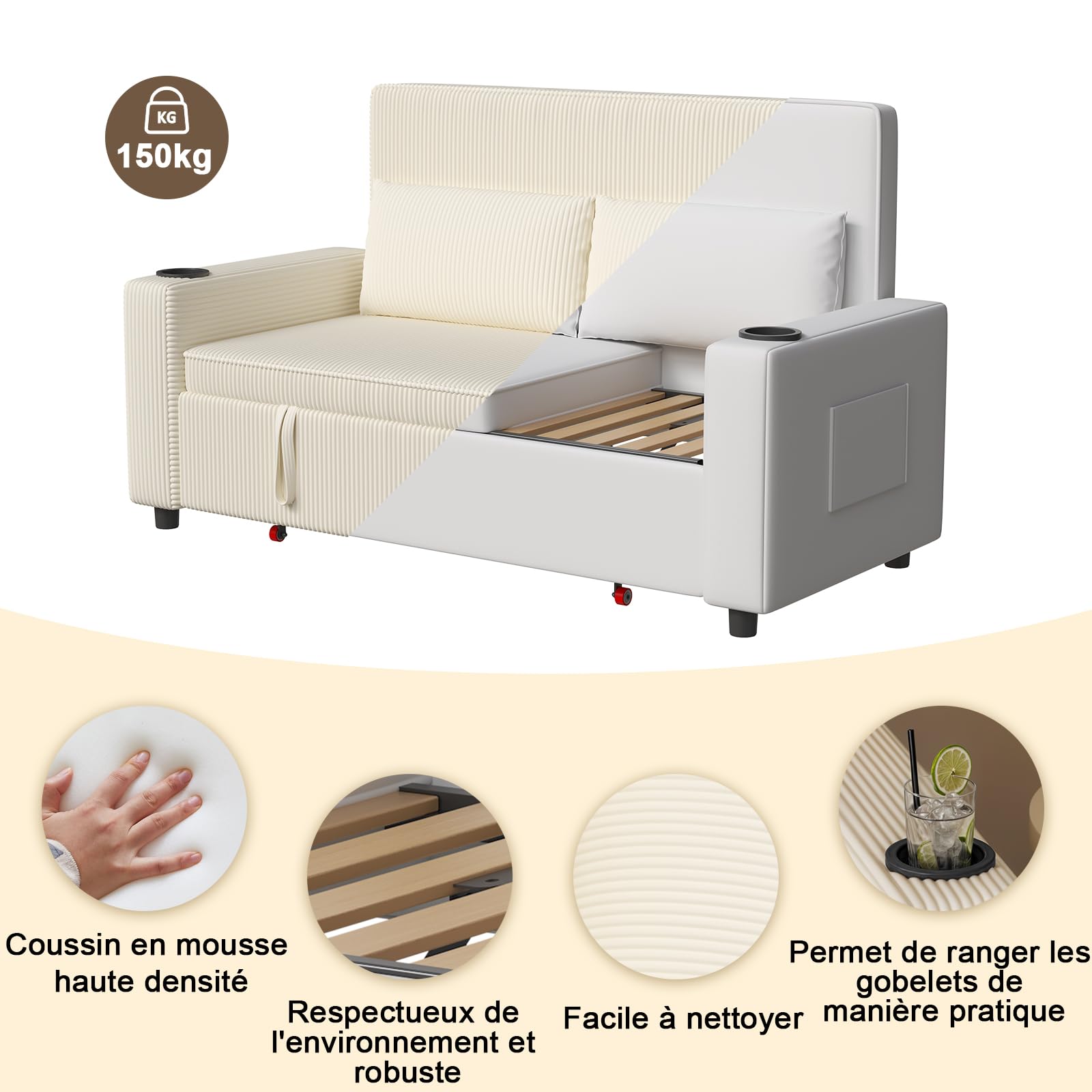 Devoko Petit Canapé Convertible 2 Places Canape avec Dossier réglable Canapé lit en Velours Causeuse de Salon Moderne, canapé déployé 160×190 cm, Beige