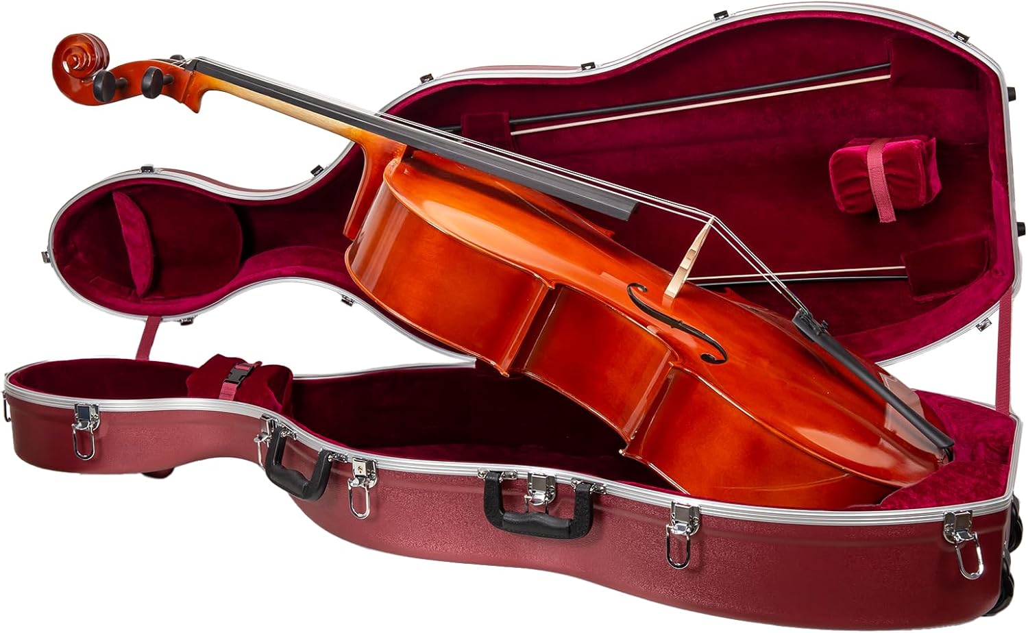 Crossrock ABS Cello Case for 4/4 & 3/4 Size | Wine Red Velvet Interior, Molded Hardshell with Wheels, Lock, Dual Bow Holders & Backpack Straps​-Dark Red (CRA862CEFDR)