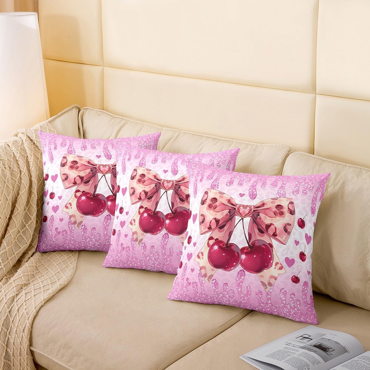 Manfei Glitter Cherry Pillow Covers,Fashion Leopard Bowknot Cushion Covers 16"x16"Women Girls Pink Square Cushion Cases Set for Bedroom Office,Cute Princess Bow Cushion Covers for Kids Adults image 4