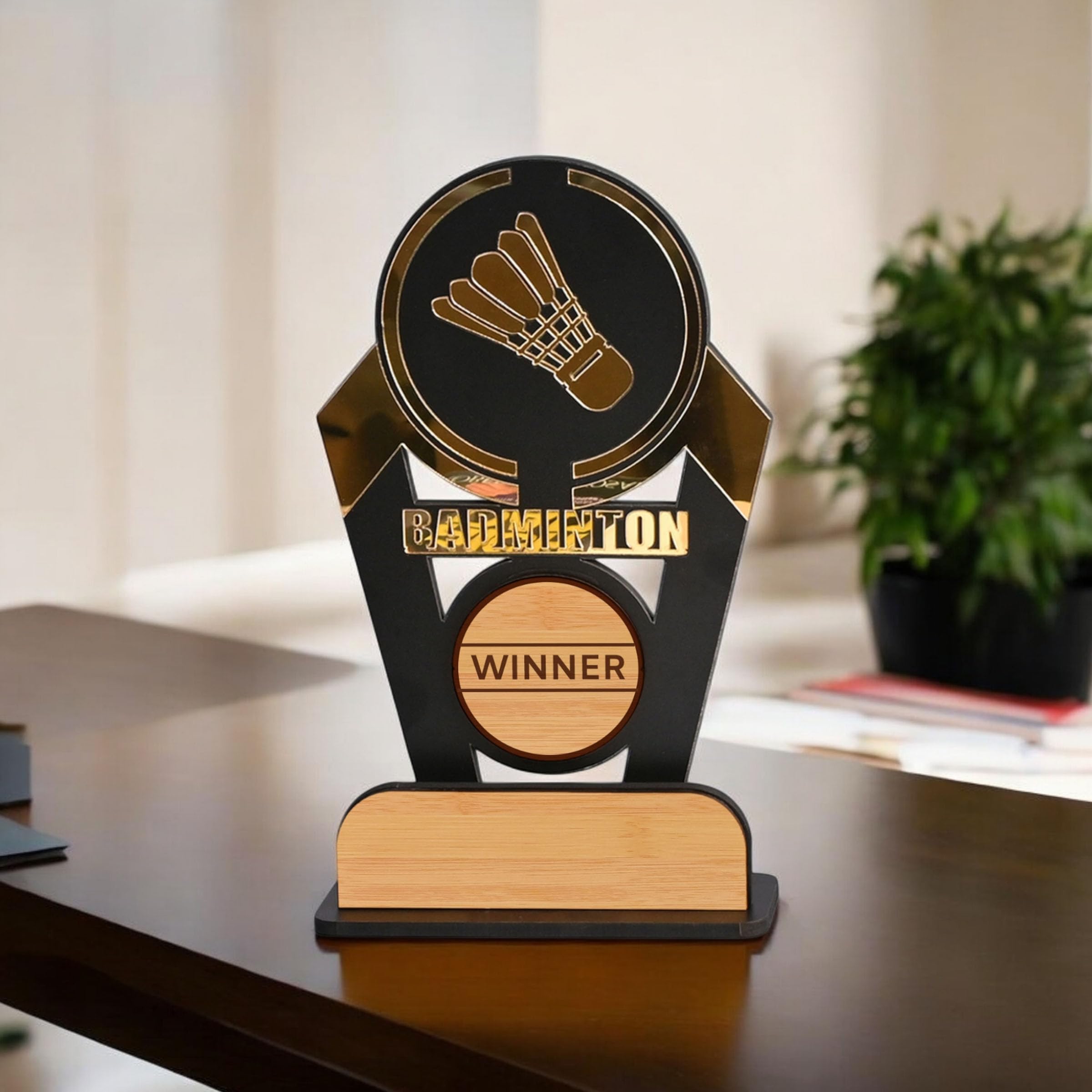 Gift Kya De Wooden & Acrylic Sports Winner Trophy - Badminton - Ideal for Awards & Celebrations