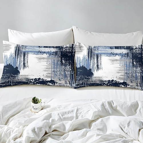 Miniatura 4 de Manfei Juego de sábanas abstractas tamaño matrimonial, juego de sábanas estilo grunge azul, negro y gris, 4 piezas con sábana bajera de bolsillo