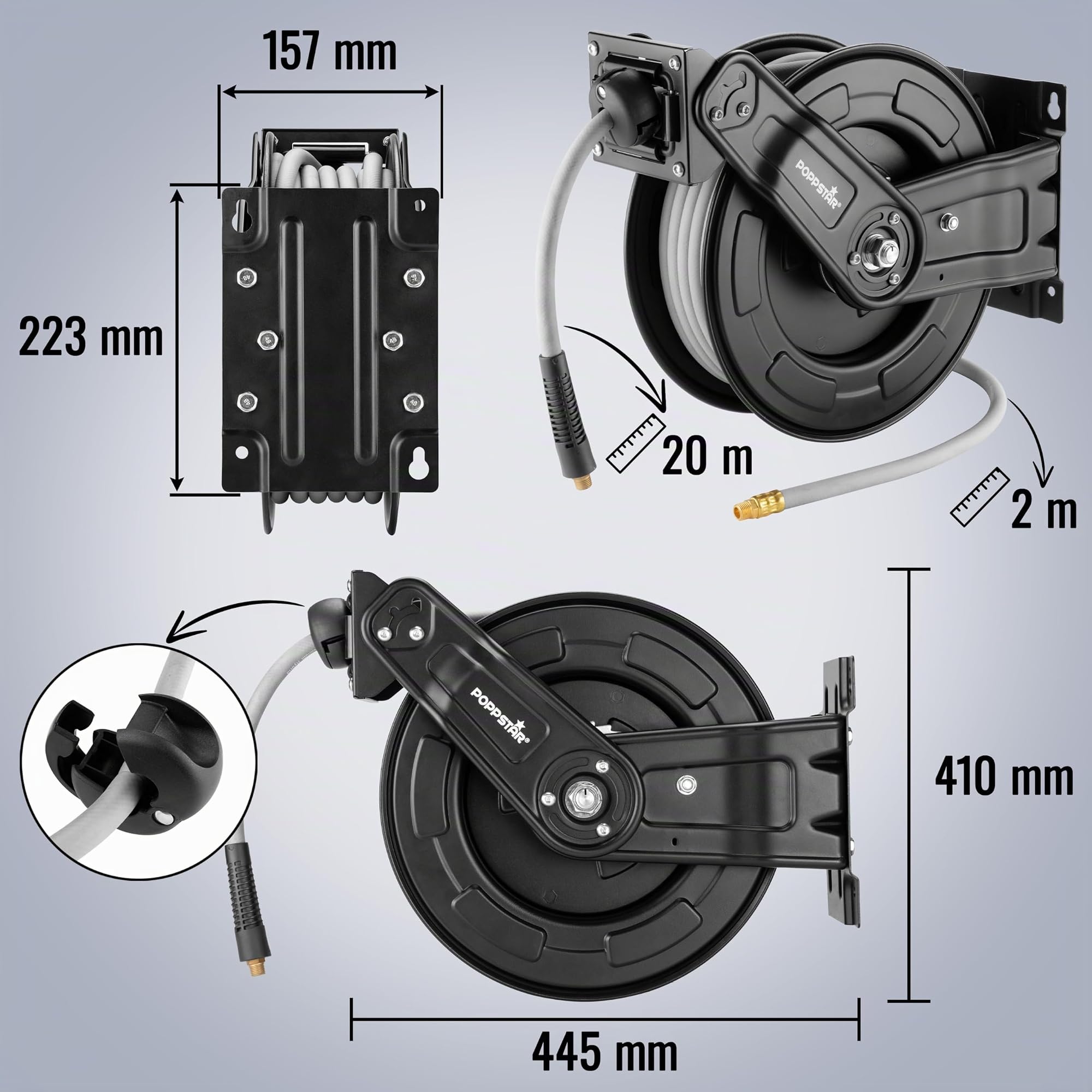 Poppstar Avvolgitubo per aria compressa in acciaio (20m+2m, diametro (9,2x15mm)), attacchi 1/4 di pollice BSPT