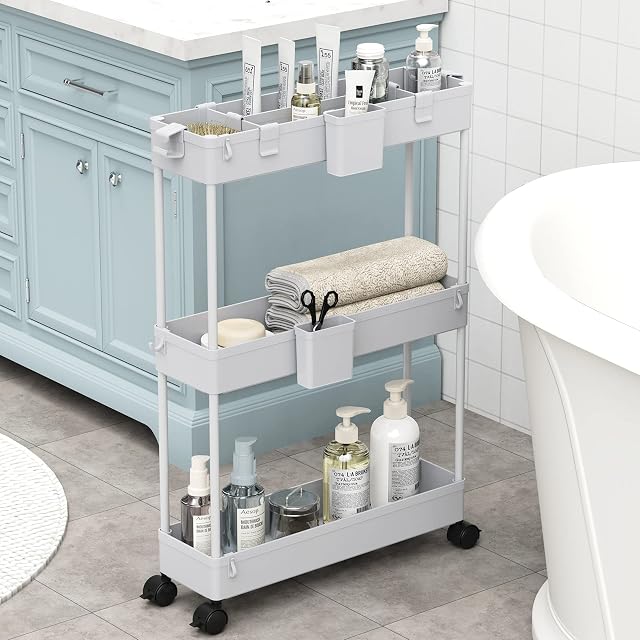 SPACEKEEPER Storage Trolley 3-Tier Rolling Utility Cart Storage Organization Slide Out Shelving Unit for Tight-Space Solution with Extra Accessories of Two Small Containers & Hooks Grey