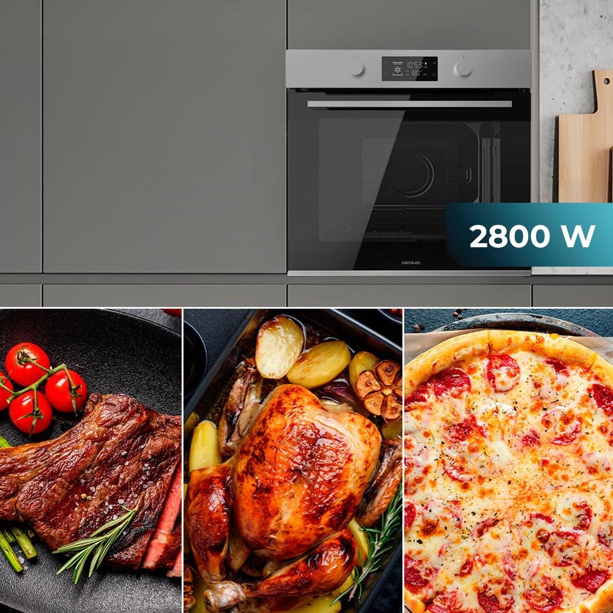 Cecotec Forno da Incasso Multifunzione Pirolitico Bolero Hexa P526000 Line A. 2800W, 73L, 9 funzioni: Defrost, Convenzionale, Grill, Pirolisi. Display Touch, Cooling Fan, Porta Vetro, Classe A