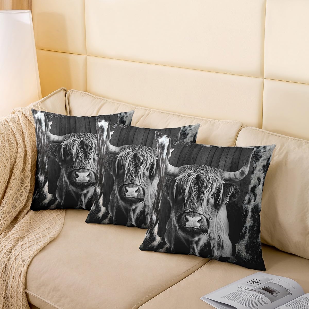 Kids Highland Cow Throw Pillow Covers 24"x24" Set of 2 Soft Highland Cattle Pillow Cases Cushion Covers for Decor Farmhouse Animal Decorative Throw Pillowcases Western Decor Grey Cushion Cases
