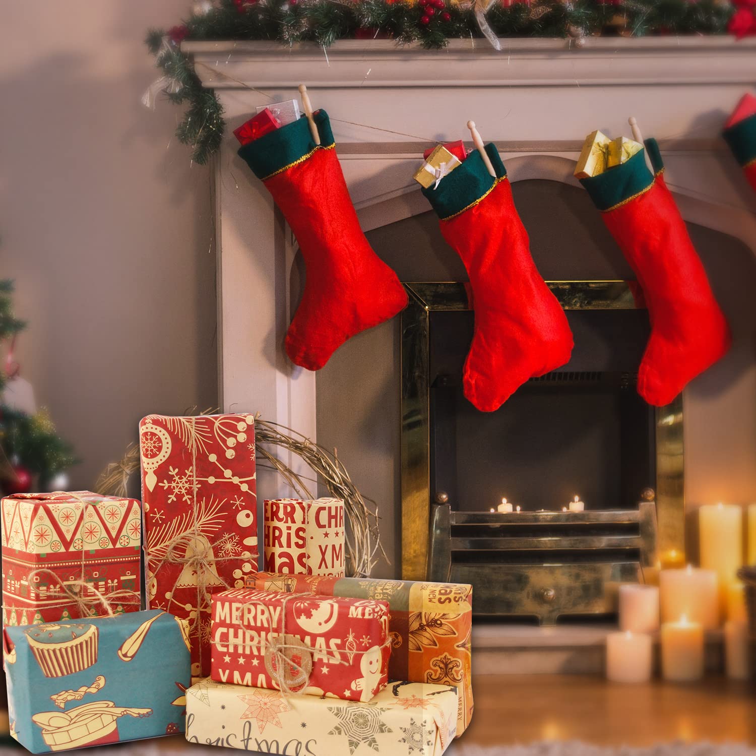 Produktbild von Geschenkpapier Set Recycelbar Weihnachts Geschenkpapier Set - 12 Blätter 70x50cm Mit Karten & Baumwollseil Wrapping Paper