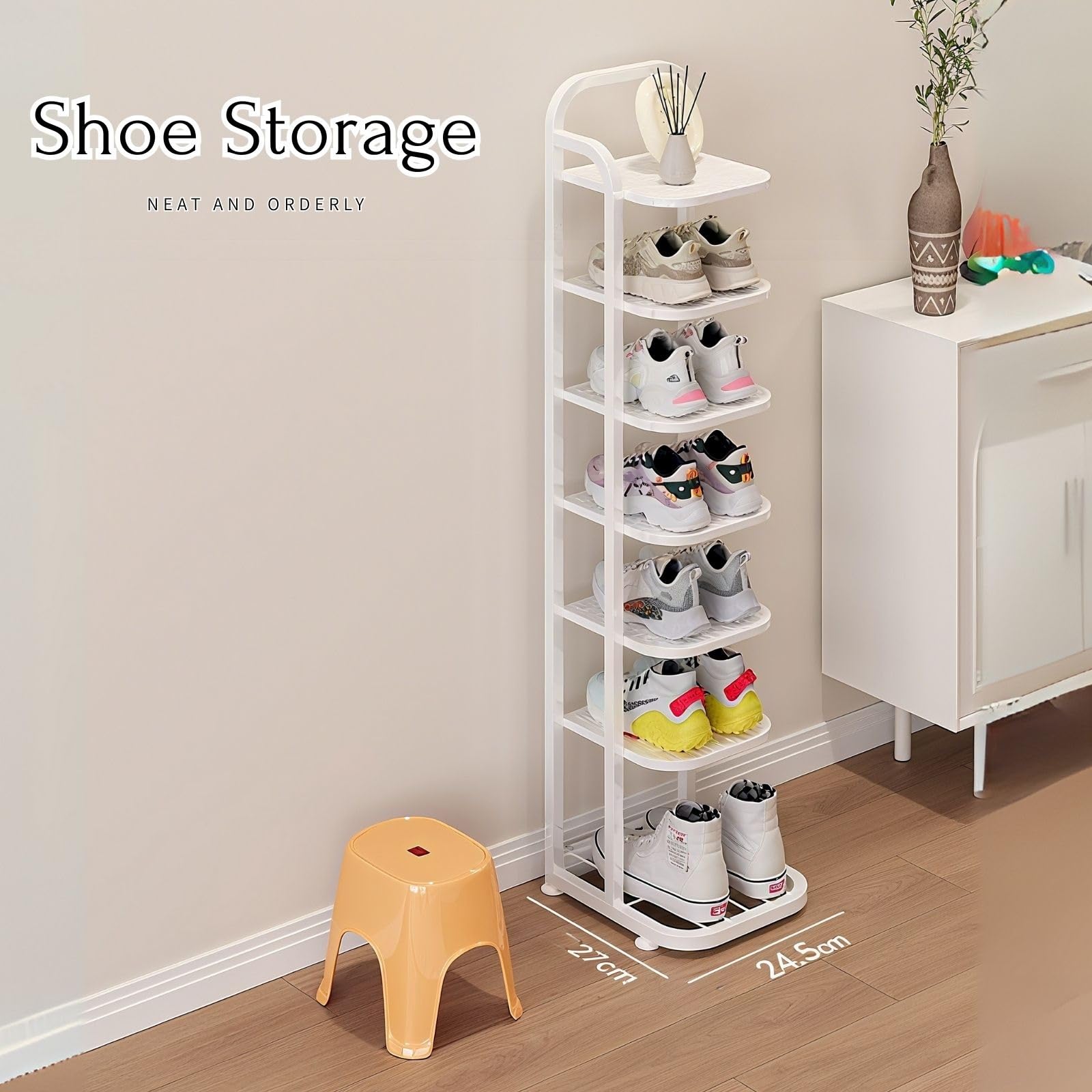 Scarpiera alta sottile, in metallo, a 5 ripiani, per ingresso, elegante zapatero bianco per casa, corridoio e armadio, design salvaspazio (79 cm)