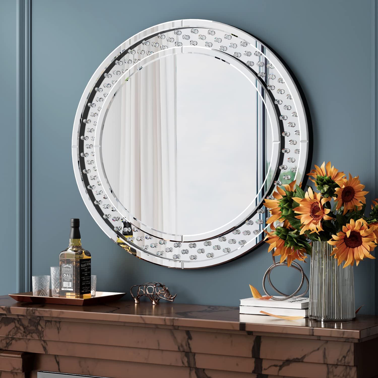 MUAUSU Crystal Decorative Round Wall Mirror - 31.5'' x 31.5'' inch Circle Wall Mirrors for Living Room Decorative,Floating Diamond Accent Large Round Mirror Wall Decor