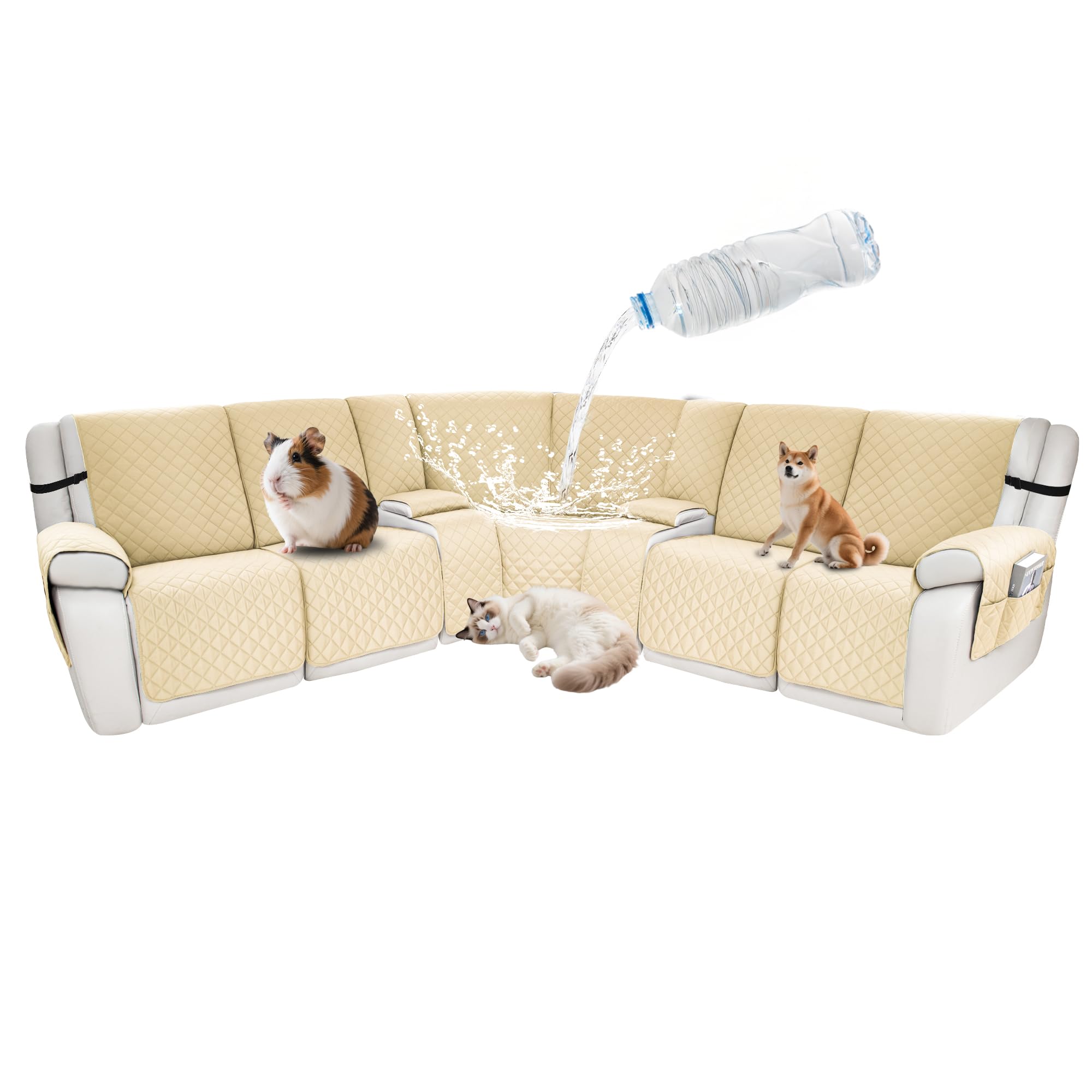 Waterproof Sectional Reclining Couch Covers L Shaped Recliner Sectional Sofa Cover 9 Piece Non Slip Washable Corner Recliner Slipcover Set for Pet Dog (5 Seater 2 Console Cover, Beige)
