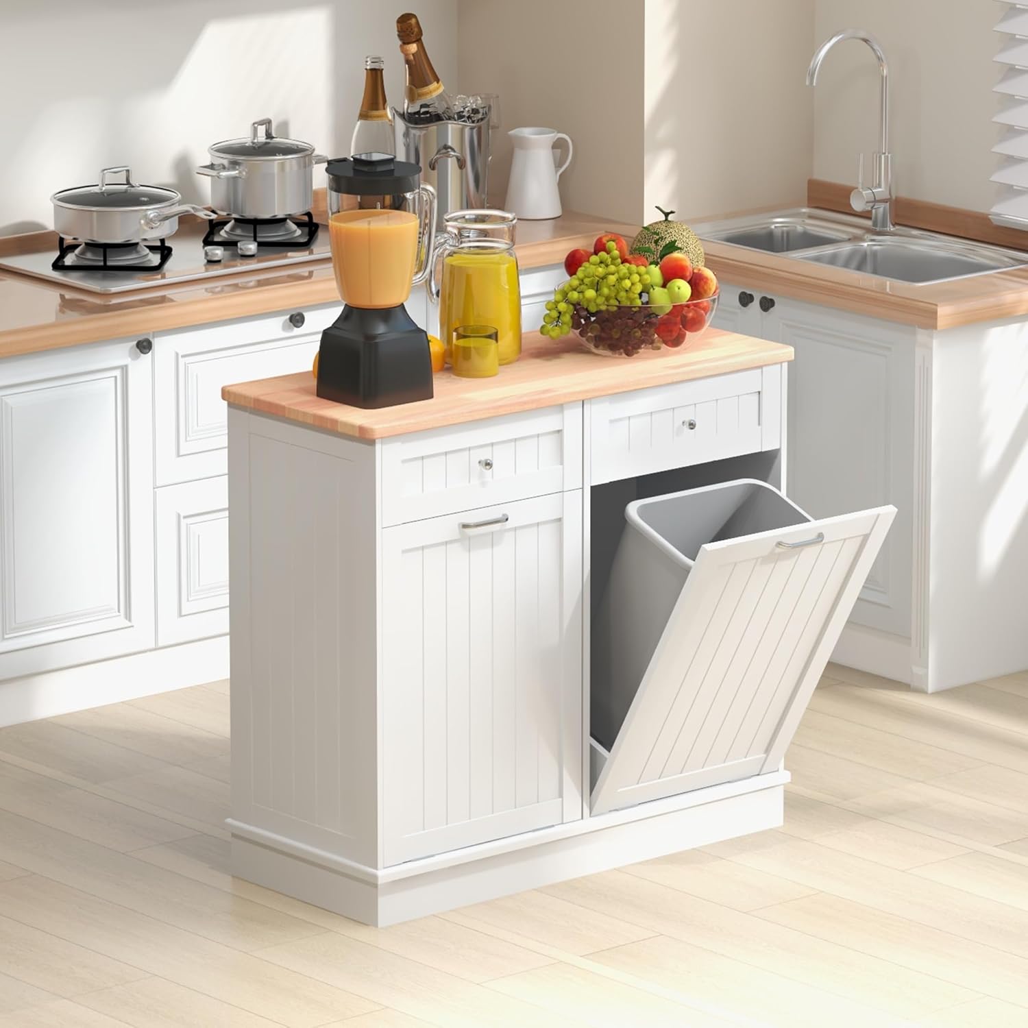 TOLEAD Tilt Out Trash Cabinet,Antique-Style Beadboard Kitchen Island with Solid Wood Tabletop & Drawer, Pet Proof Trash Can, Wood Laundry Cabinet