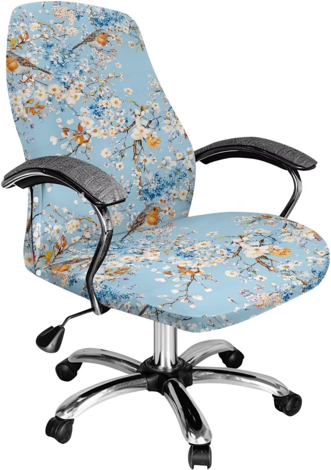Green Hippie Floral Office Chair Cover Set, Anti Dust Gaming Chair Seat Cover with No Arm Rest Covers, Stretchable Rotating Boss Chairs Slipcover, Home Decor Size S
