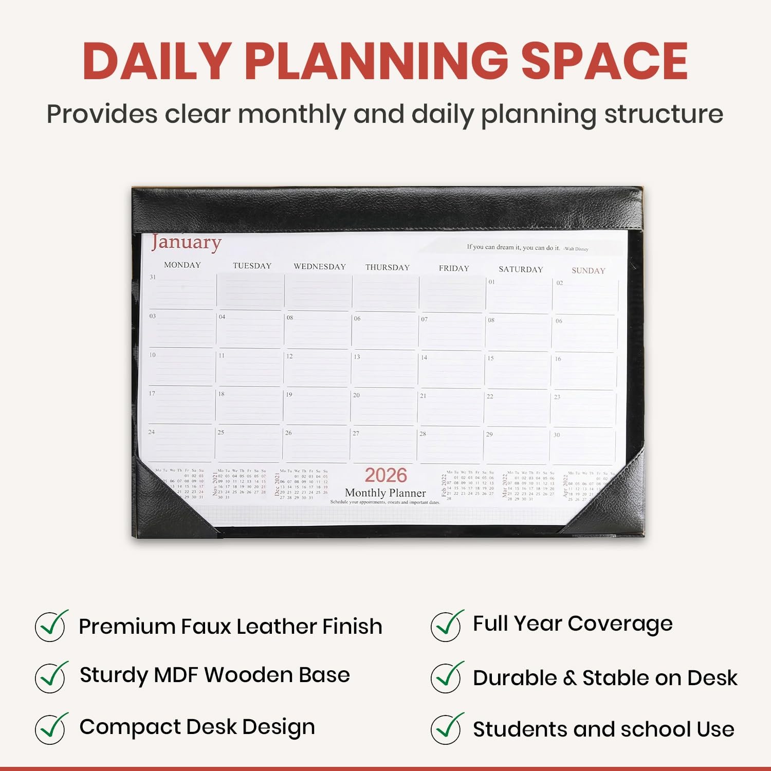 panku® Calendario de escritorio 2024 de piel sintética/tablero DM resistente, planificador de mesa lleno de año, planificación mensual, horario diario para oficina, escuela y hogar, paquete de 1