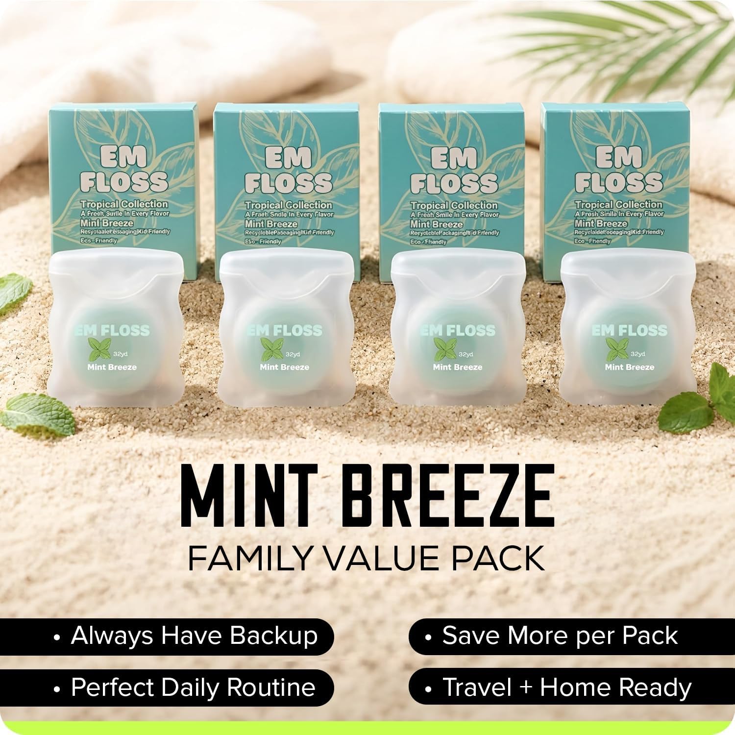 Waxed Expanding Dental Floss, Family Value Pack (Mint Breeze, 4 Pack), Coconut Oil Infused, Smooth Glide for Sensitive Gums, Strong & Shred Resistant, for Adults & Kids