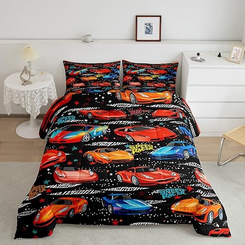 Miniatura 2 de Juego de ropa de cama de auto de carreras para adolescentes, juego de edredón de coche deportivo de velocidad, tamaño Queen, edredón acolchado para