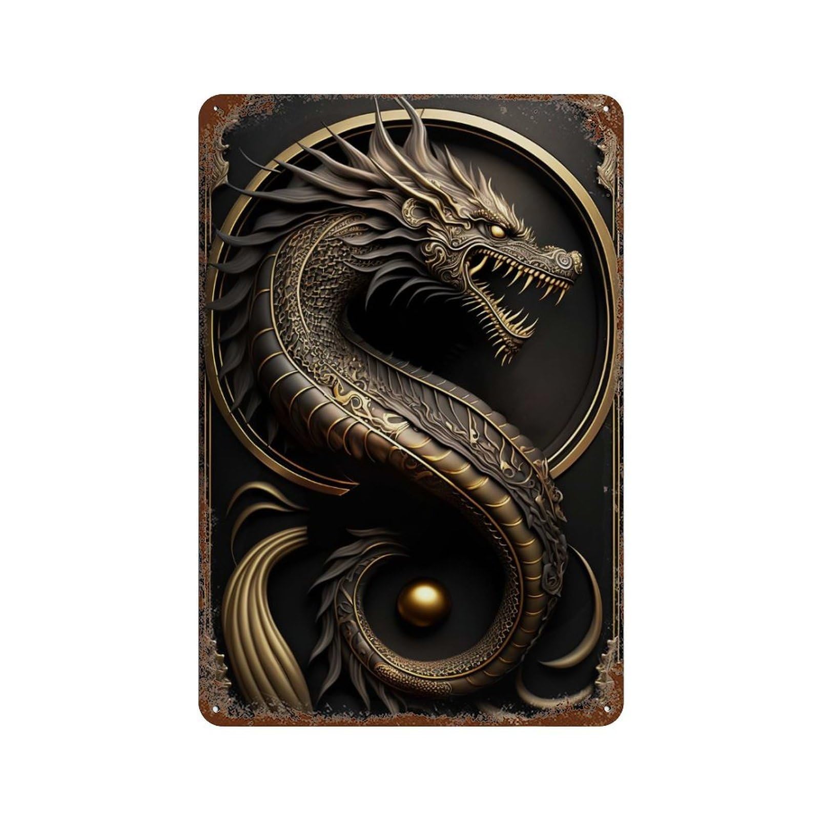 Garage Style Dragon Golden Art Deco Rusty Metal Tin Sign 11.8"x7.9", Classic Wall Plaque for Bar And Workshop