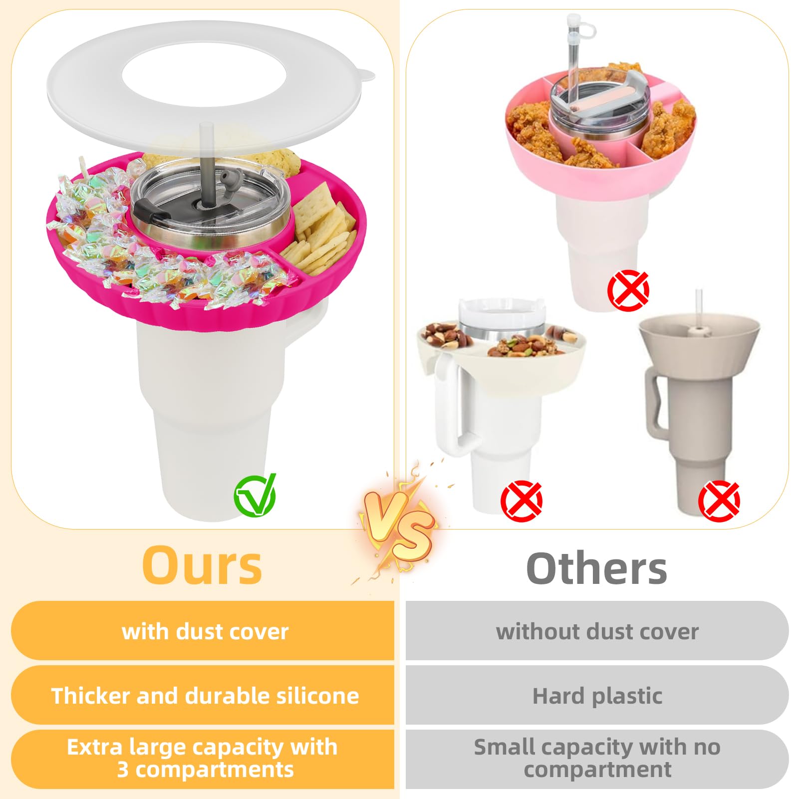 Plateau à Collations Avec Couvercle Pour Gobelet Stanley 30 Oz (887 Ml) – En Silicone Alimentaire – 3 Compartiments – Parfait Pour Voyages, Voiture, Bureau
