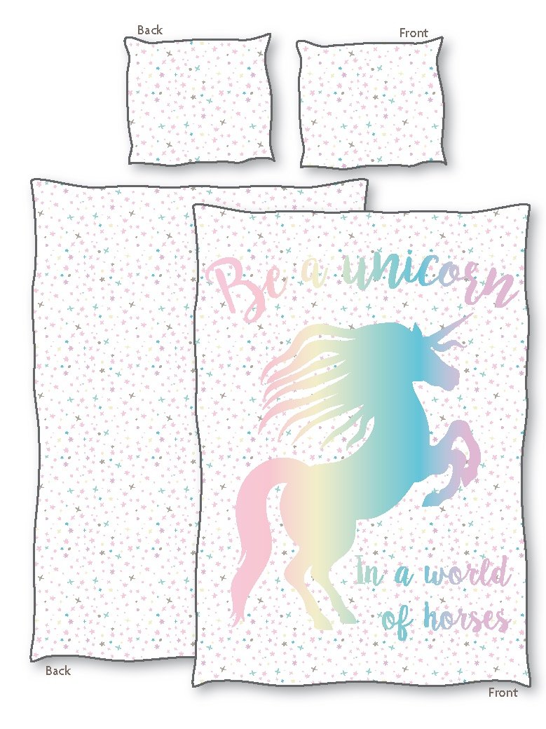 Parure de lit en linon Licorne 135x200 cm avec taie d'oreiller 80x80 cm