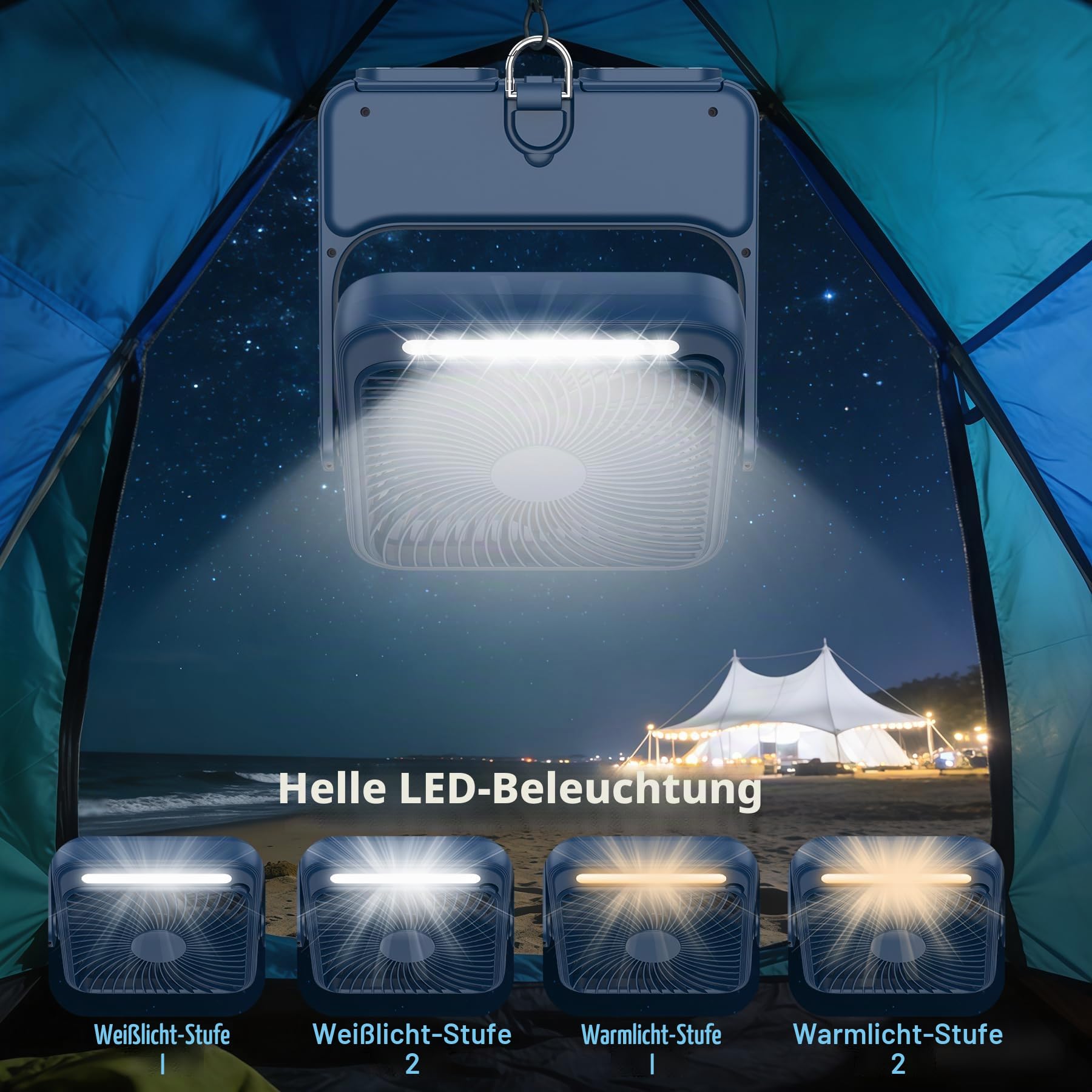 Ventilator 20000mAh Akku Tischventilator USB Camping Ventilatoren mit Lampe, 4 Getriebe,12-43 Std.Laufzeit,Smart Display,Lüfter Geräuscharm,Einfach zu Tragen,für Büro,Zuhause und im Freien (Blau)