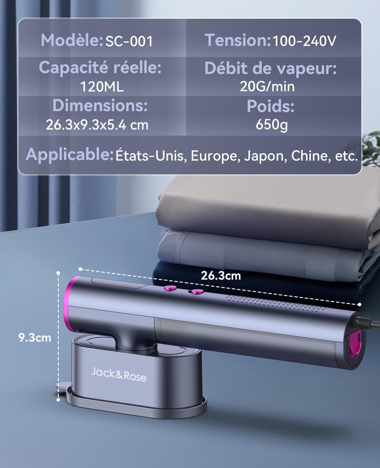 Défroisseur vapeur de voyage, utilisation mondiale(100-240V), 1000W, 22g/min de vapeur Fer à Repasser Vertical, Grand réservoir d'eau de 150 ml, 2 en 1 Steamer Chauffage rapide en 15s pour voyage