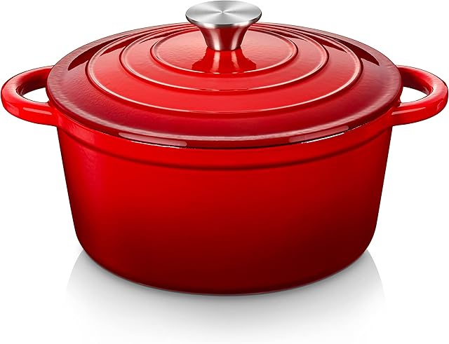 Velaze Casserole Dish Cast Iron Braising Pan Oval, Classic Red Enamel Dutch Oven, Non Stick Enamel Coating, Good Sealing, Lightweight, for All Heat Source, Pot's Body Cast Iron Soup Pot 4 L
