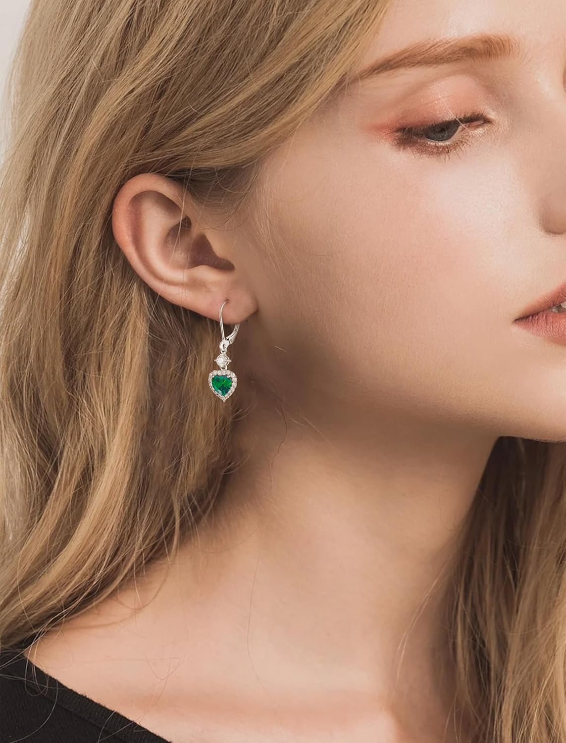 Heart Dangle Drop Earrings for Women, 925 Sterling Silver Earrings with 7x7MM Birthstones Love Heart Leverback Jewelry Gifts for Her - Image 2